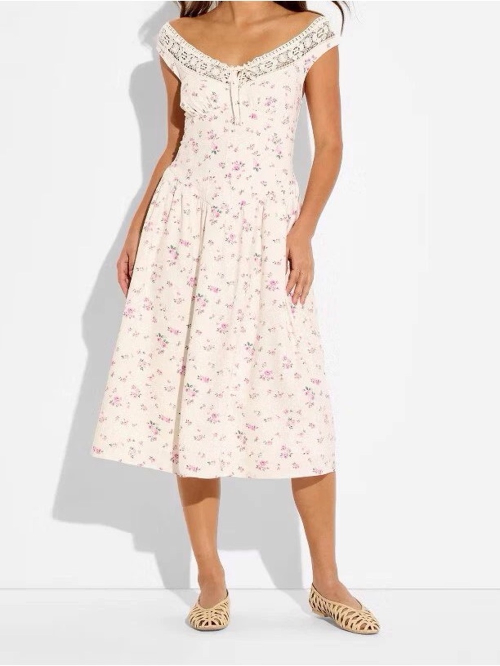Floral Off-Shoulder Midi Dress in Cream with Pink Accents